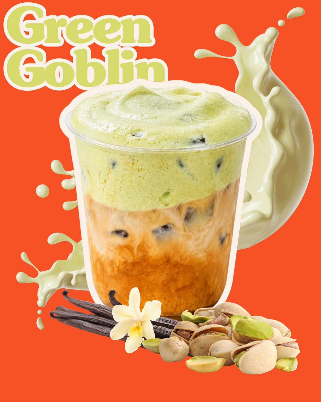 Green Goblin iced pistachio coffee with vanilla pistachio cold foam